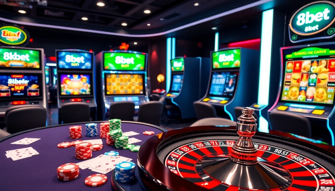 8kbet casino scene with poker chips, roulette wheel, and vibrant slot machines.