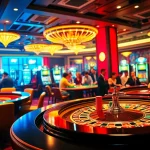 Experience the excitement of F168 in this luxurious casino scene featuring roulette tables and poker players.