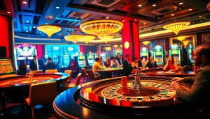 Experience the excitement of F168 in this luxurious casino scene featuring roulette tables and poker players.