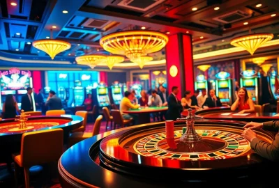 Experience the excitement of F168 in this luxurious casino scene featuring roulette tables and poker players.