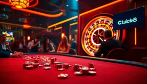 LUCK8 poker table action with vibrant chips and roulette wheel highlighting the thrill of gambling.