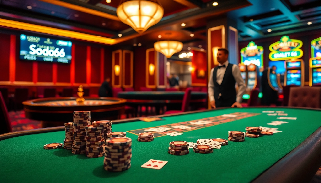 SODO66 poker table with vibrant chips and cards under ambient casino lighting.