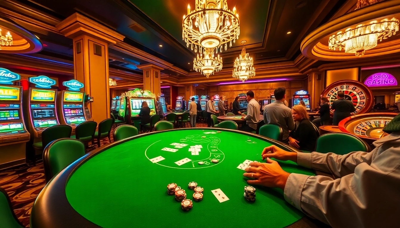 SODO CASINO guests enjoy high-stakes poker amid a luxurious casino atmosphere filled with excitement and glamour.