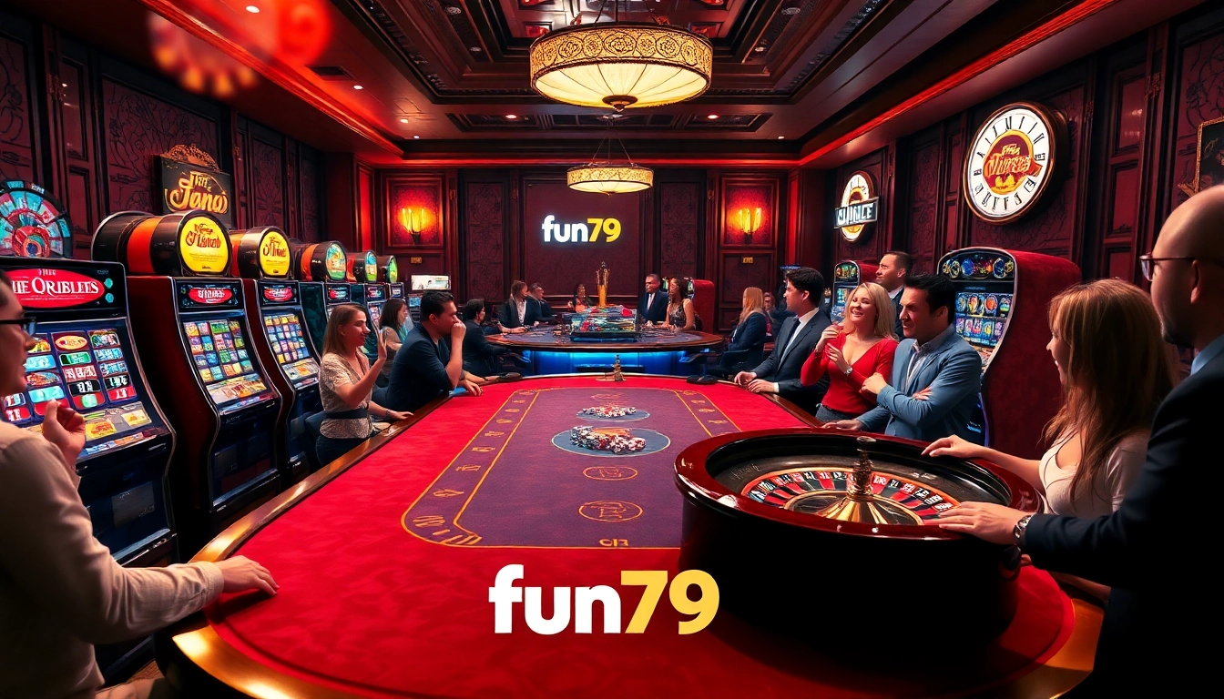 Gamblers enjoying the thrill of fun79 casino games at a vibrant gaming table.