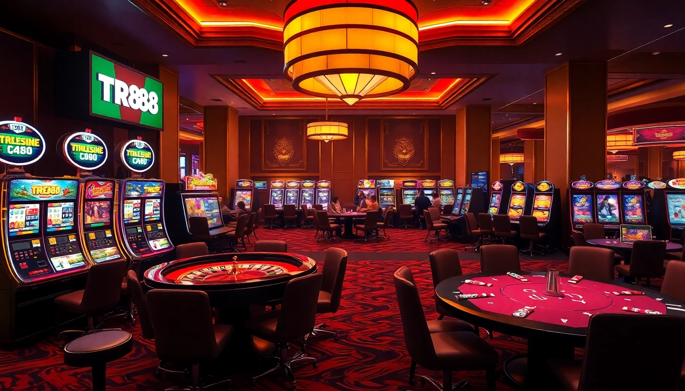 Engaging scene of a luxury casino with TR88 branding, featuring poker tables, roulette, and lively players.
