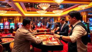 Players enjoying different games in a bustling casino atmosphere portraying mm88 kjc's excitement and luxury.