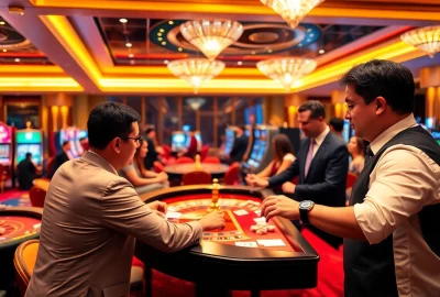 Players enjoying different games in a bustling casino atmosphere portraying mm88 kjc's excitement and luxury.