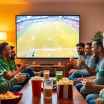 Excited fans enjoying a live soccer match at home, showcasing joemadfan.com community spirit.