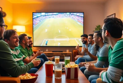 Excited fans enjoying a live soccer match at home, showcasing joemadfan.com community spirit.