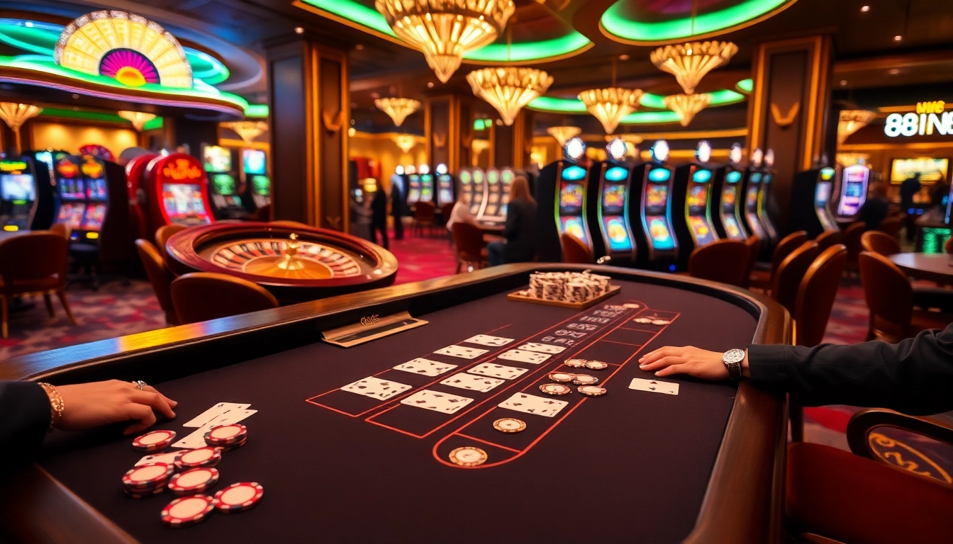 Players enjoying a thrilling gambling experience at 888new casino venue, featuring blackjack tables and slot machines.