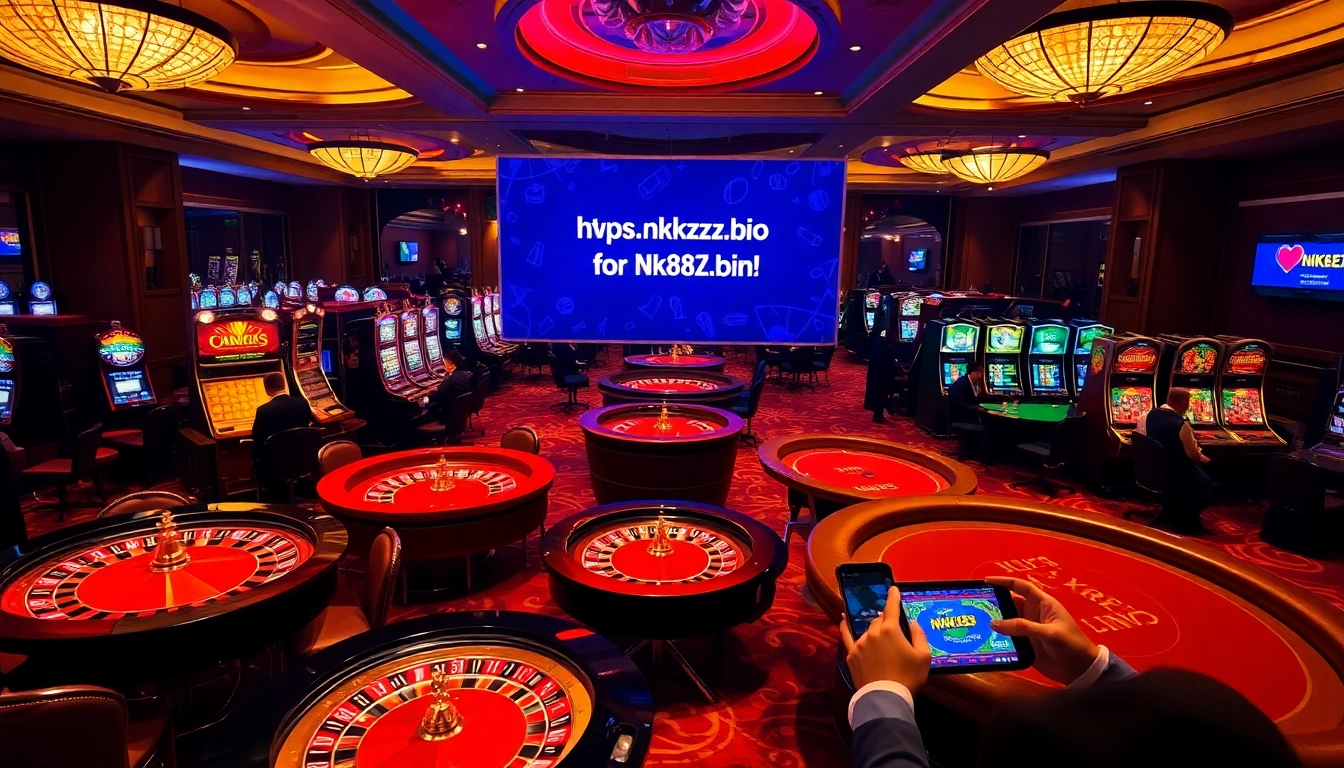 Players enjoy the experience at https://nk88zz.bio/ casino with vibrant slot machines and elegant card tables.