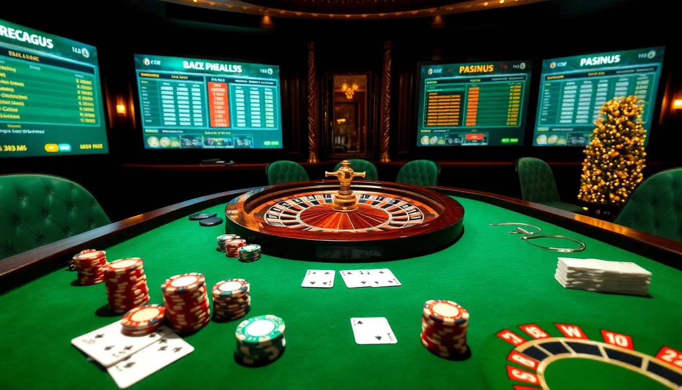 Players enjoying an intense gambling experience at https://az888.futbol, featuring poker chips and a roulette wheel.