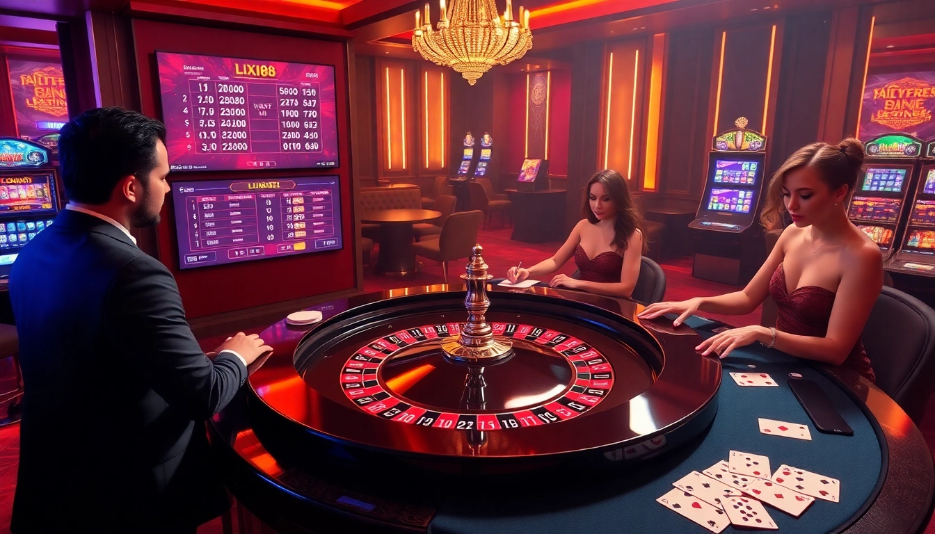 LIXI88 online players engaging with a vibrant roulette table in a luxurious casino setting.