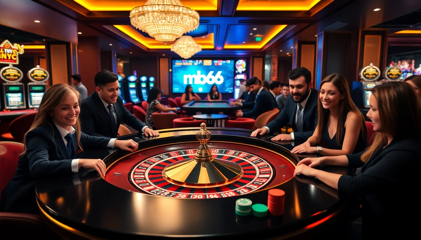 Players enjoying a thrilling casino experience at mb66.nyc with roulette, cards, and colorful chips.