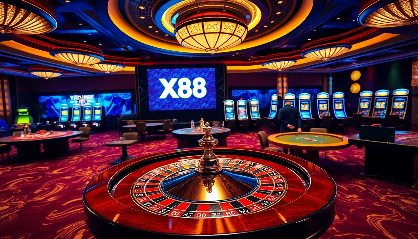 Players enjoy betting at the XX88 casino's vibrant roulette and poker tables, exuding excitement.
