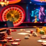 Experience the thrill of eejl at a vibrant poker table with colorful chips and a spinning roulette wheel.