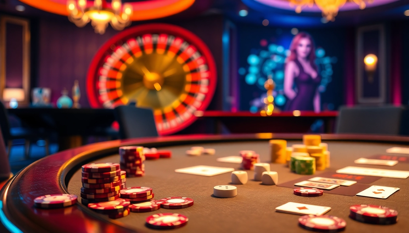 Experience the thrill of eejl at a vibrant poker table with colorful chips and a spinning roulette wheel.