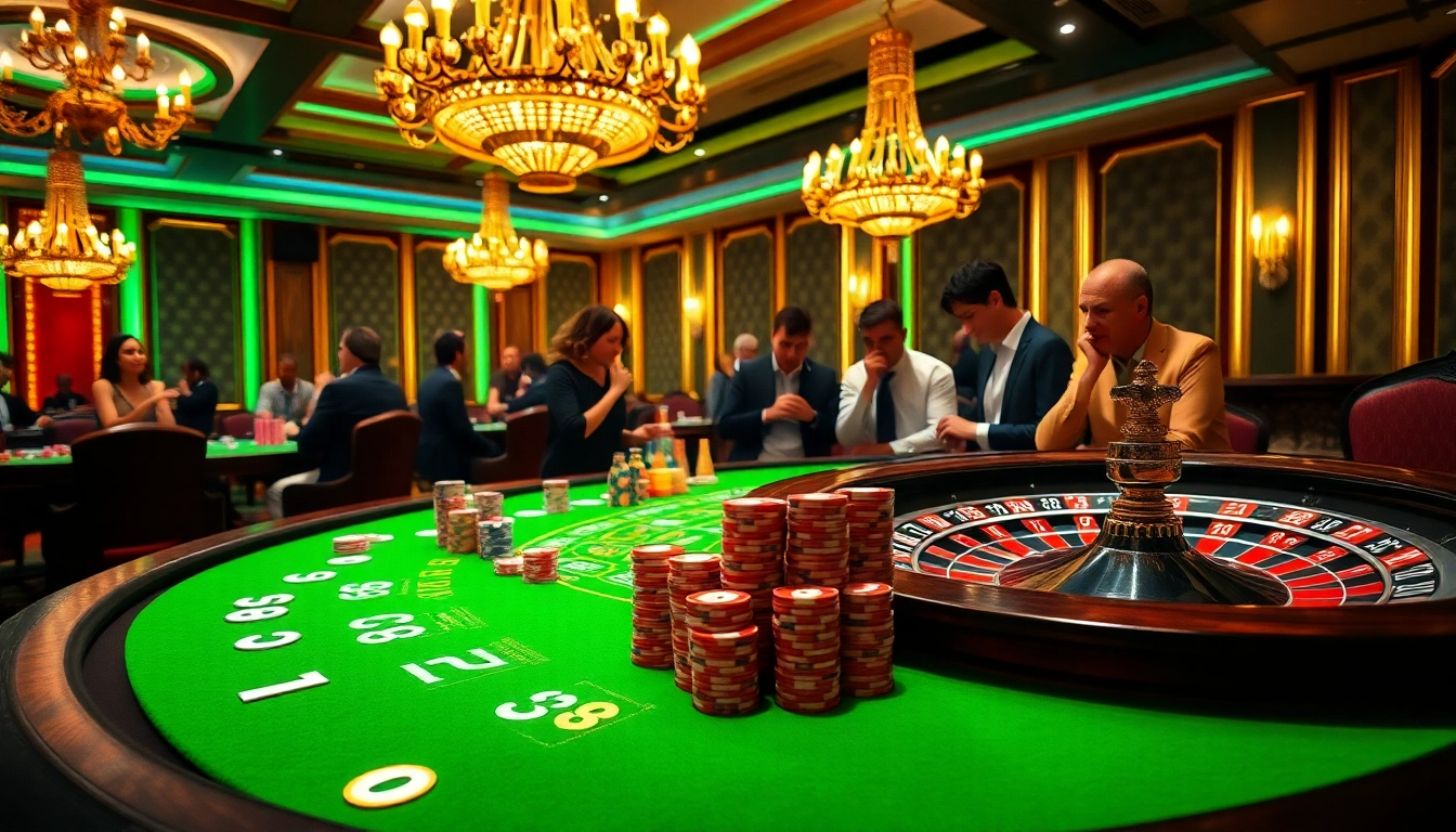Gambling scene at a luxurious casino with LC88 gaming table and roulette wheel.