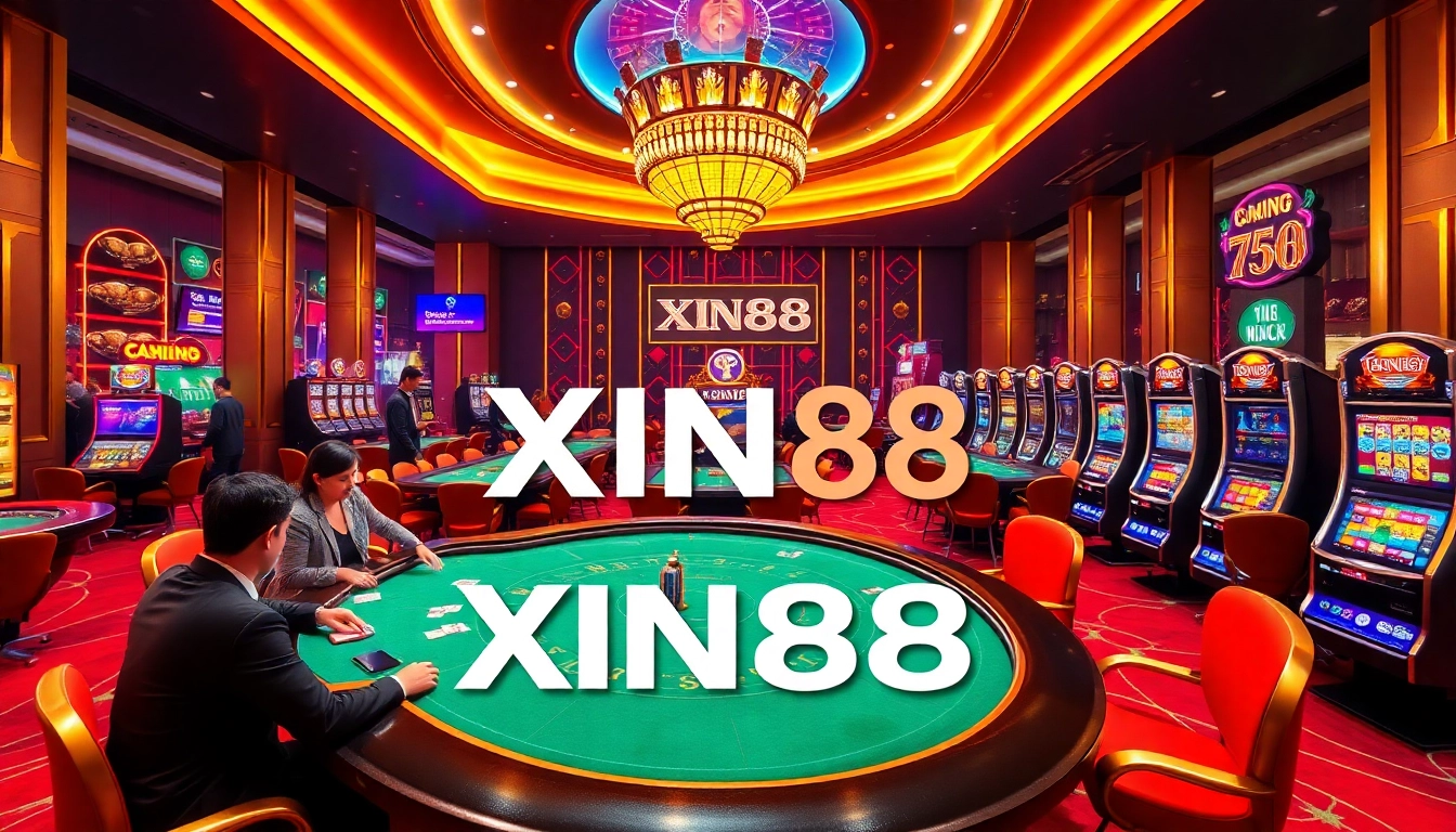 A lively gambling scene at Nhà Cái XIN88, showcasing excited players at poker tables and slot machines.
