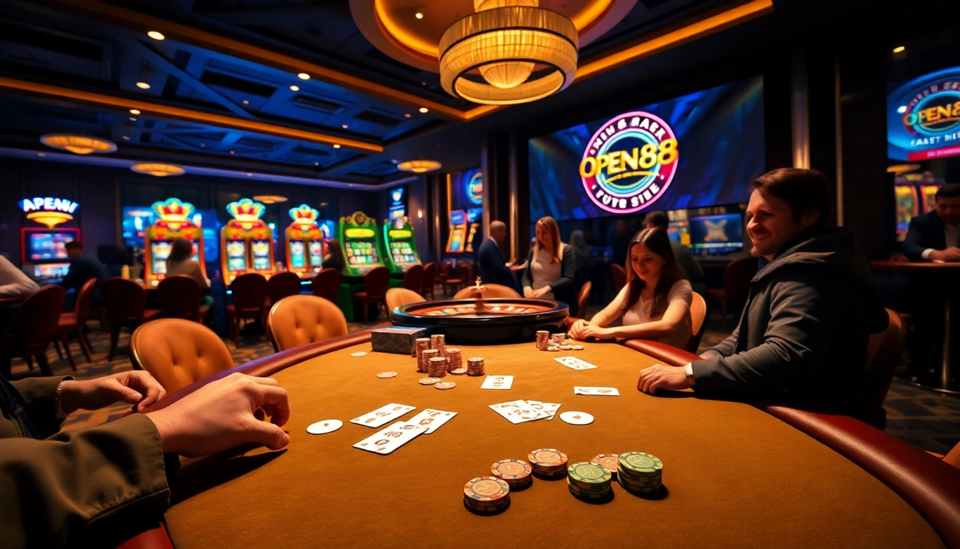 Experience the thrill of gambling with OPEN88 at a vibrant casino featuring poker tables and slots.