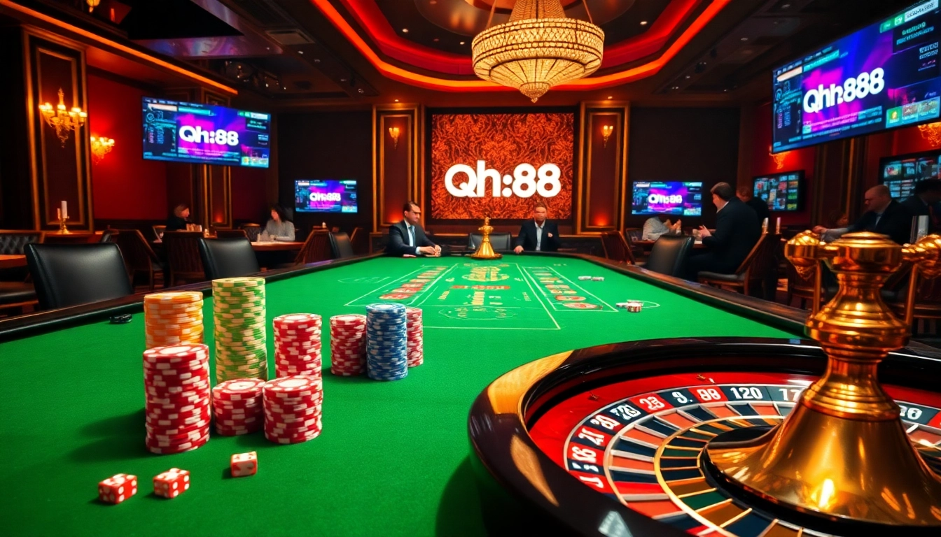 Engaging players at the qh88 casino table featuring colorful chips and a luxurious setting.
