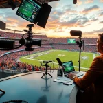 Engaging scene of sports broadcasting capturing an exciting live event atmosphere.