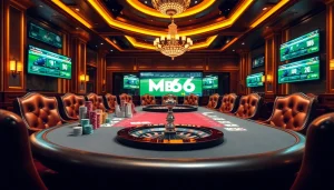 Experience luxury gambling action at https://mb66.golf/ with vibrant poker chips and illuminated casino tables.