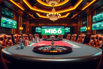 Experience luxury gambling action at https://mb66.golf/ with vibrant poker chips and illuminated casino tables.