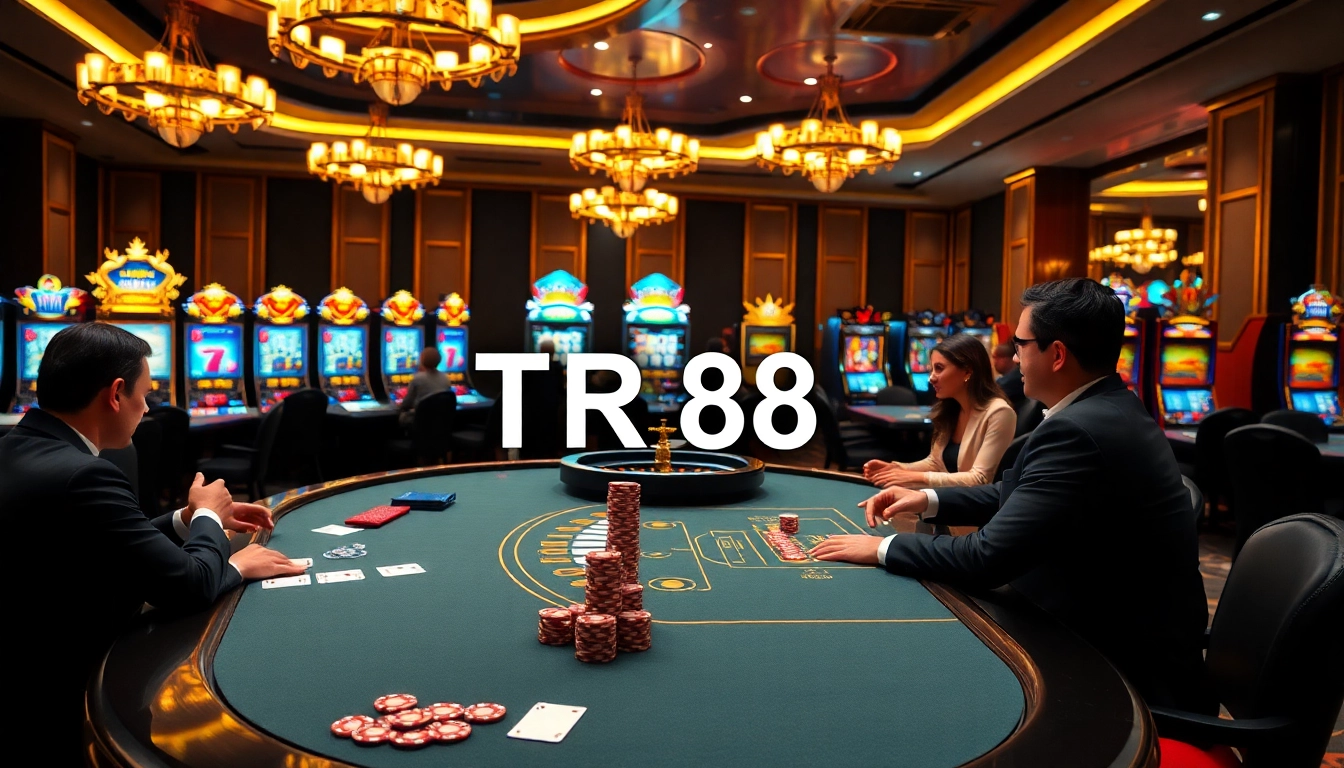 TR 88 gaming session with poker chips, cards, and a roulette wheel in an elegant casino setting.