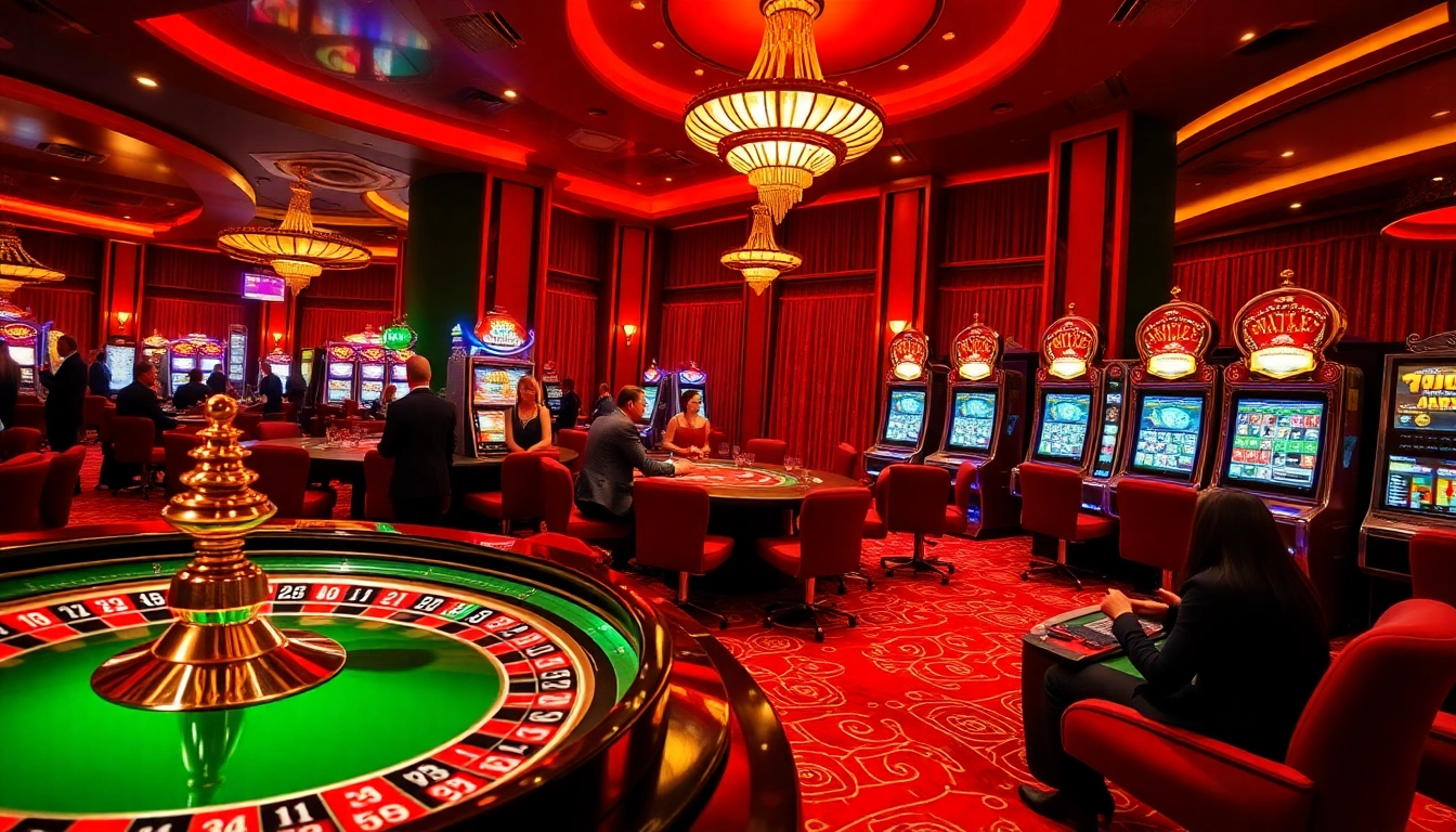 High-stakes gambling action at https://nk88zz.bio/ featuring a vibrant casino scene with roulette wheels and poker tables.