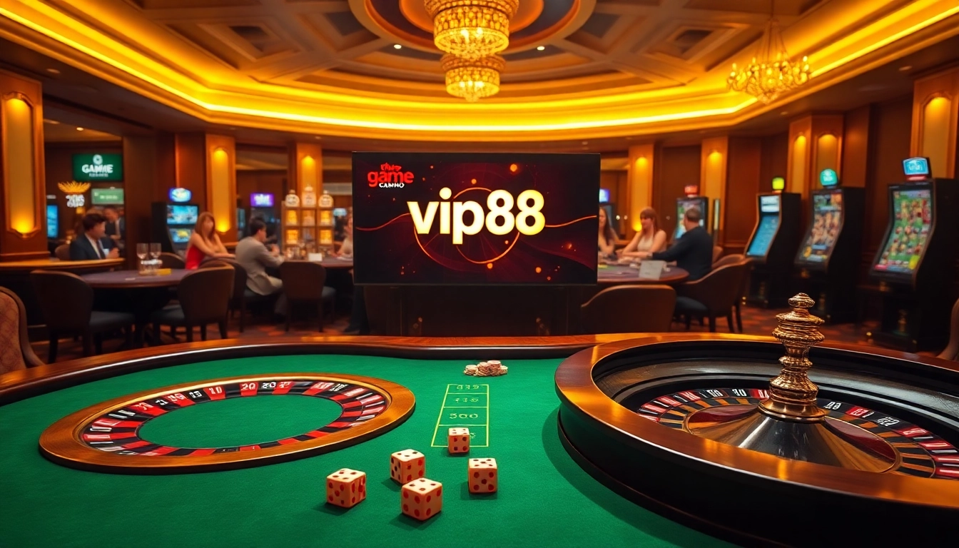 Experience thrilling action at game vip88 with vibrant casino visuals of poker tables and roulette wheels.