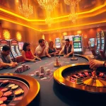 S666 players engaged in a high-stakes poker game amidst vibrant casino decor.