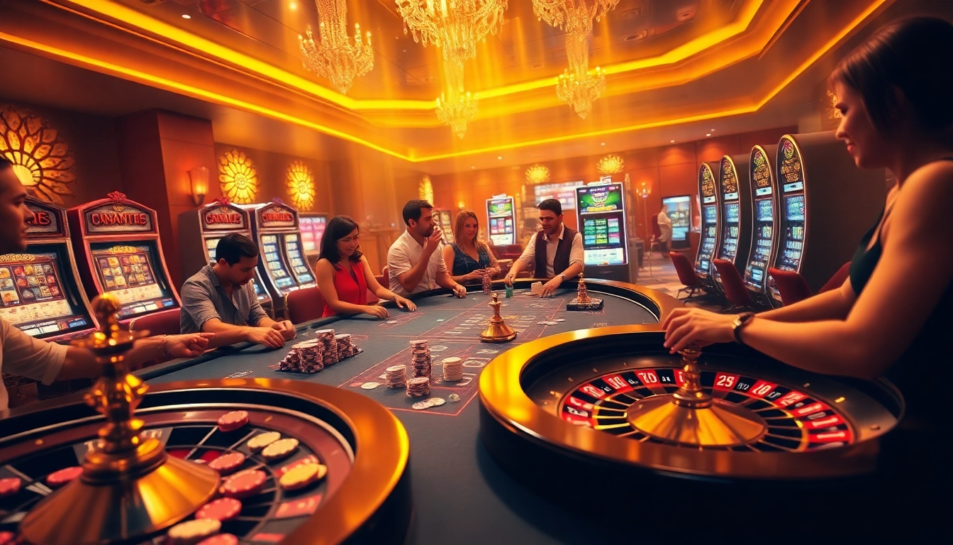 S666 players engaged in a high-stakes poker game amidst vibrant casino decor.