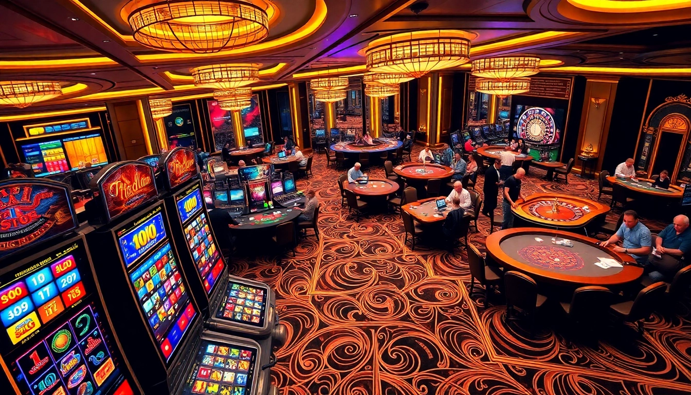 Experience the excitement of trang chủ nohu90 with vibrant gambling visuals including tables and slot machines.