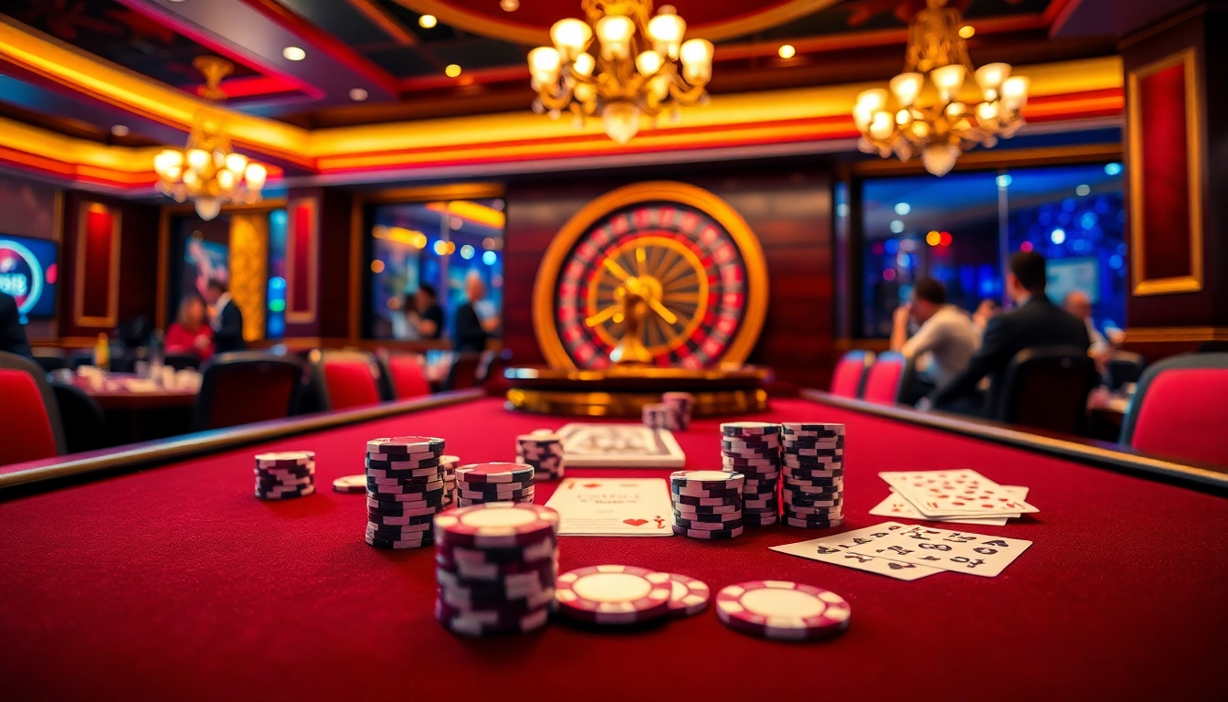 Engaged players enjoy a thrilling game at Jun88's luxurious casino table with poker chips and cards.