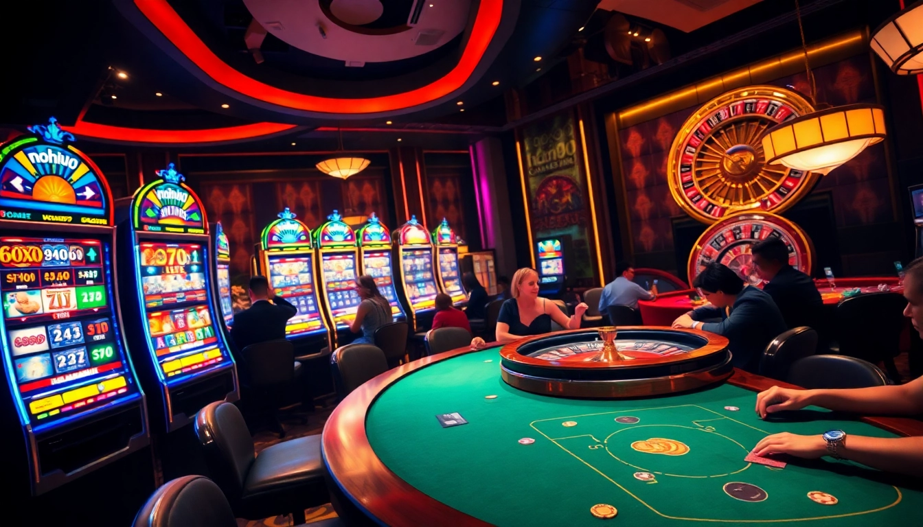 Players enjoying exciting slot machines at nohu90 casino, immersed in vibrant gaming action.