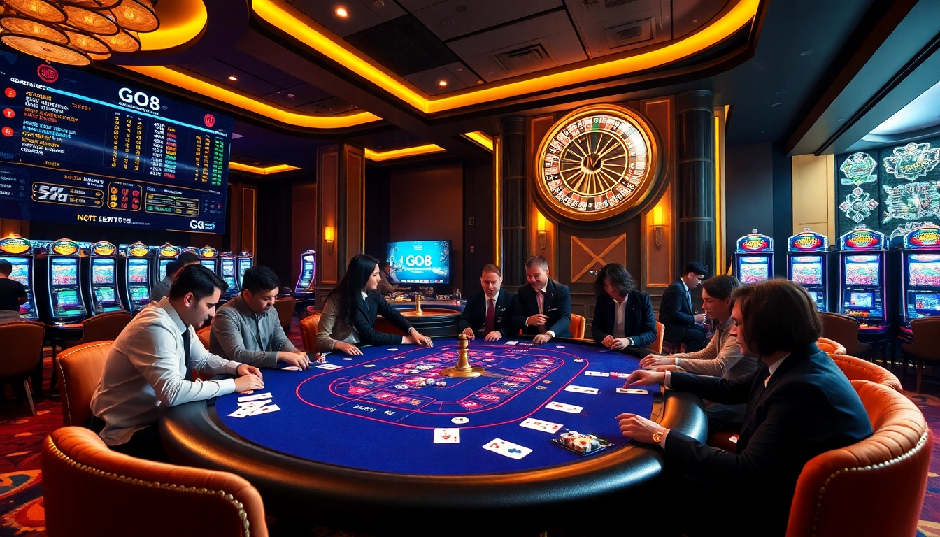 Players engaging in a thrilling poker game at the GO8 casino table in a luxurious setting.