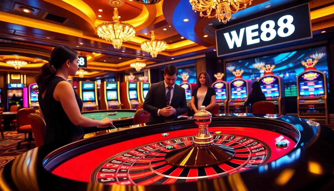 Experience the excitement of WE88 with a vibrant casino scene featuring roulette and slot machines.