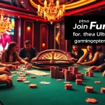 Players engaging at a poker table in a luxurious fun79 casino, surrounded by vibrant chips and cards.