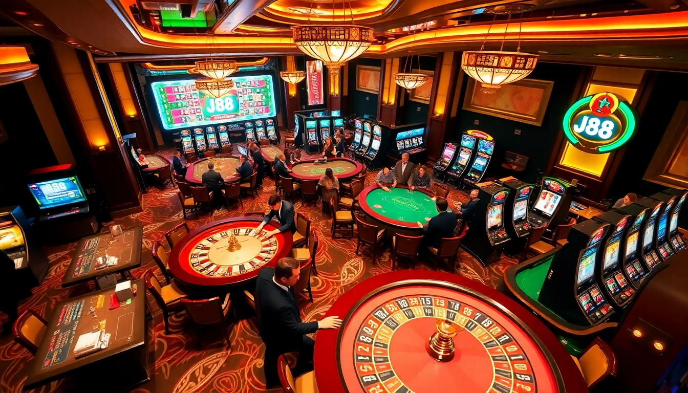 Players enjoying exciting games at J88 casino, showcasing dynamic action and luxury ambiance.