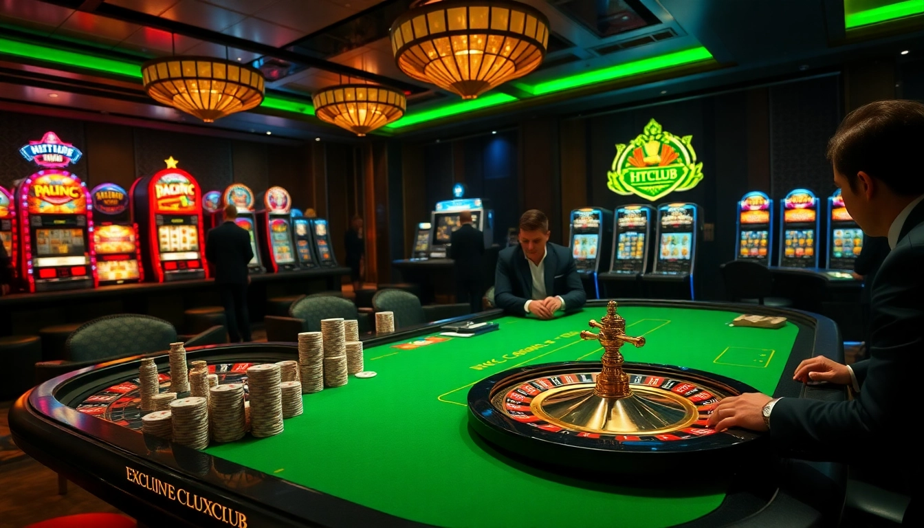 HITCLUB gaming table adorned with premium poker chips in a luxurious casino setting.