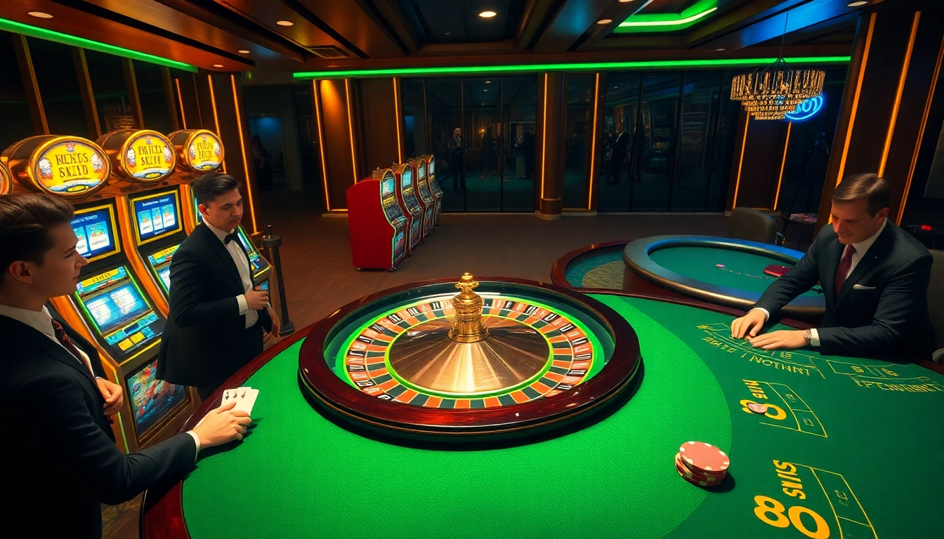 Experience exciting gameplay at https://888vi.io/ in a luxurious casino environment with roulette, poker chips, and slot machines.
