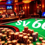 Experience high-stakes gaming at SV66 with a vibrant poker scene showcasing colorful chips and a roulette wheel.