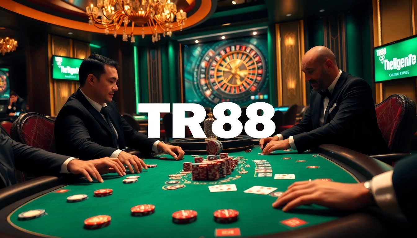 Engage with the TR88 đăng nhập as players enjoy a thrilling poker game in a luxurious casino setting.