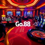Poker players strategizing at Go 88 casino with vibrant tables and slot machines in the background.