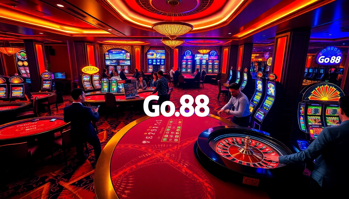 Poker players strategizing at Go 88 casino with vibrant tables and slot machines in the background.