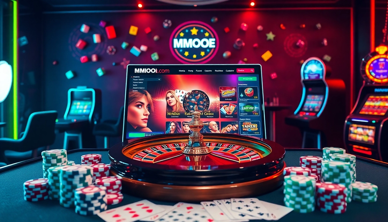 Experience thrilling games on mmoo.de.com with a luxurious online casino setup filled with poker chips and roulette.