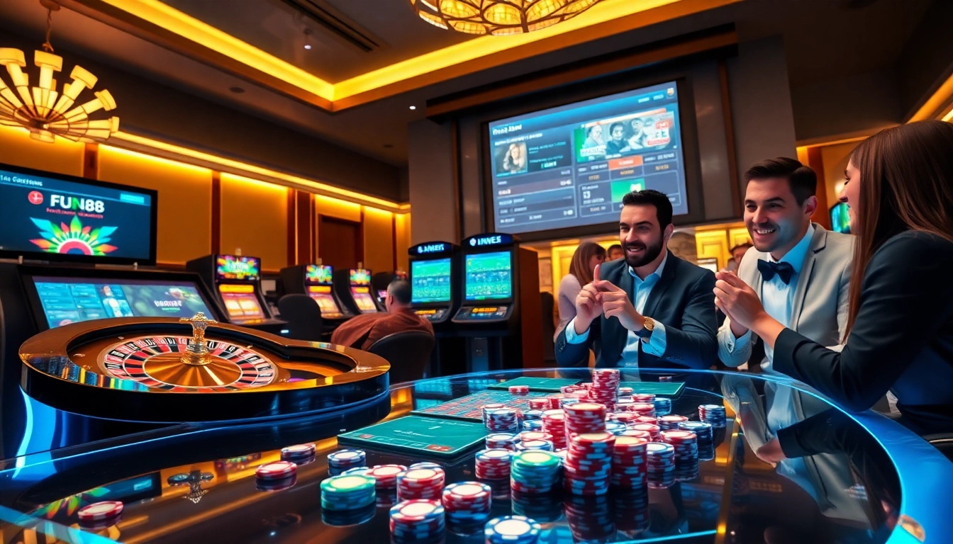 Exciting Fun88 online gambling scene featuring roulette, poker chips, and live betting