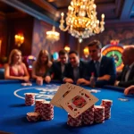 Players celebrate at a poker table in a luxury casino, with j88 chips stacked high, capturing the excitement of gambling.