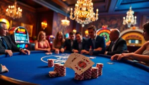 Players celebrate at a poker table in a luxury casino, with j88 chips stacked high, capturing the excitement of gambling.